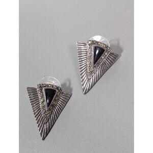Art Deco Revival 925 Black Marcasite Triangle Drop Earrings Pierced